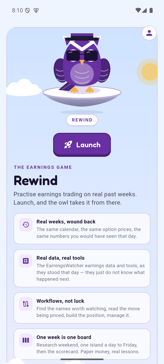 Rewind start screen with the owl