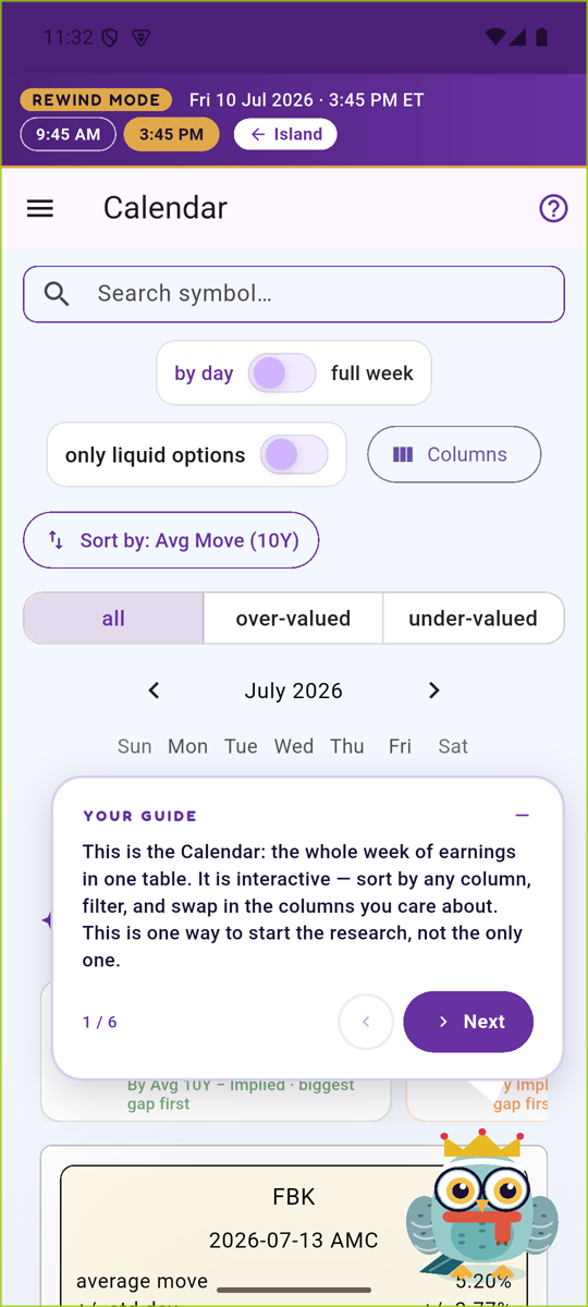 The earnings calendar with the owl guide