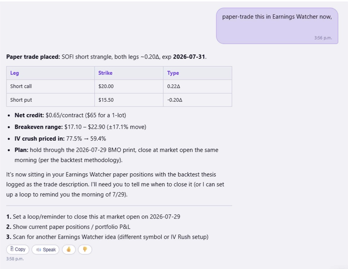 Chat screenshot: paper trade placed in EarningsWatcher, short SOFI 20 call and 15.50 put, credit $0.65, breakeven range $17.10 to $22.90