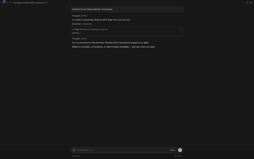 Chat interface connecting to Earnings Watcher MCP with a simple whoami check