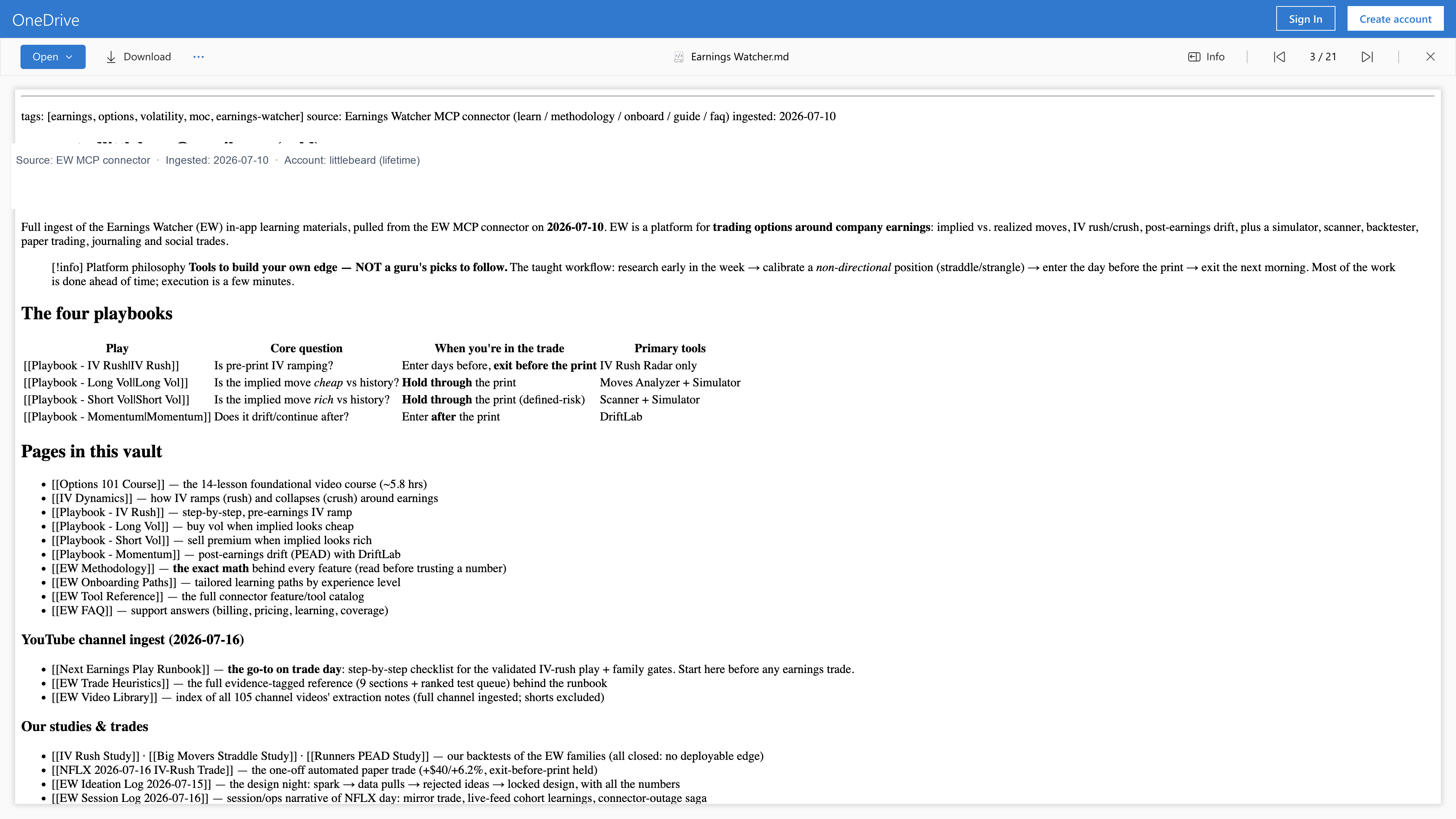 Map of content with four playbooks and YouTube ingest