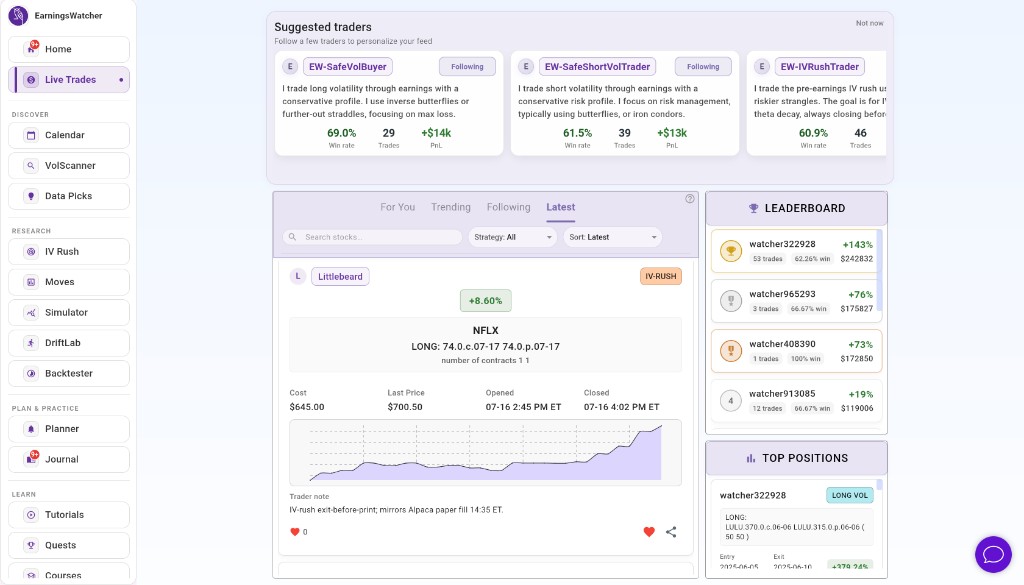Earnings Watcher Live Trades feed showing Littlebeard NFLX IV-RUSH paper trade at +8.60%